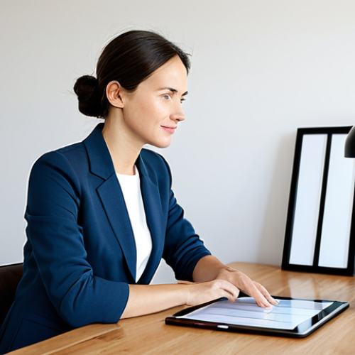 Home 4 A serene young professional woman, early 30s, dressed in a sophisticated, modest business casual outfit, fully clothed, appropriate attire, professional dress. She is seated calmly at a clean, minimalist wooden desk in a bright, modern home office with soft natural light. On the desk, a single tablet displays a simplified, intuitive financial dashboard showing consolidated assets. The background is uncluttered, suggesting a peaceful, organized environment. Perfect anatomy, correct proportions, natural pose, well-formed hands, proper finger count, natural body proportions, professional photography, high quality, safe for work, appropriate content, modest, family-friendly.